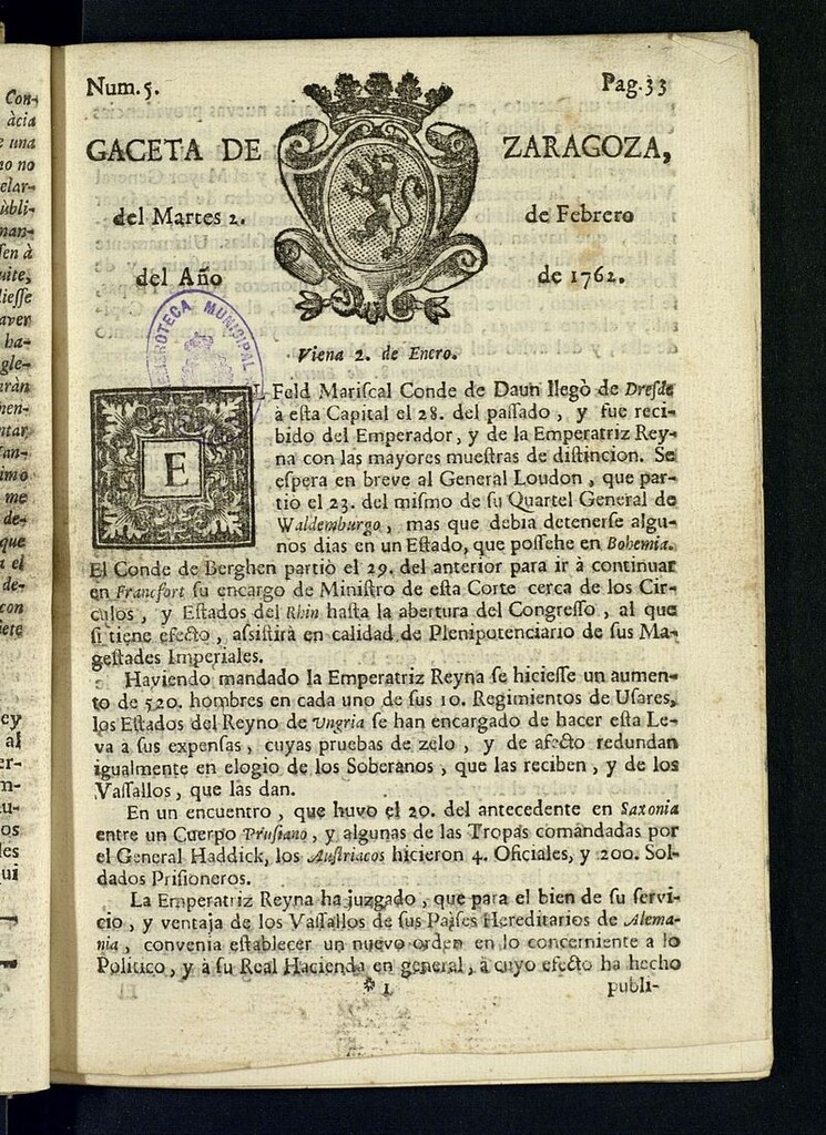 Miniatura de Gazeta de Zaragoza del 2 de febrero de 1762