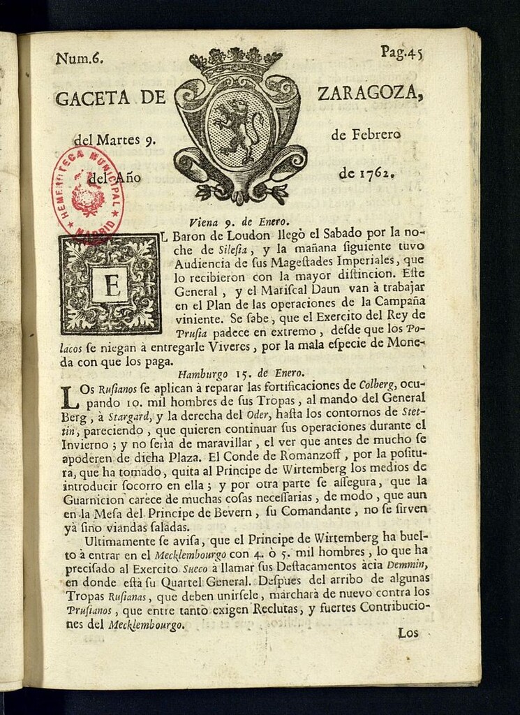 Miniatura de Gazeta de Zaragoza del 9 de febrero de 1762