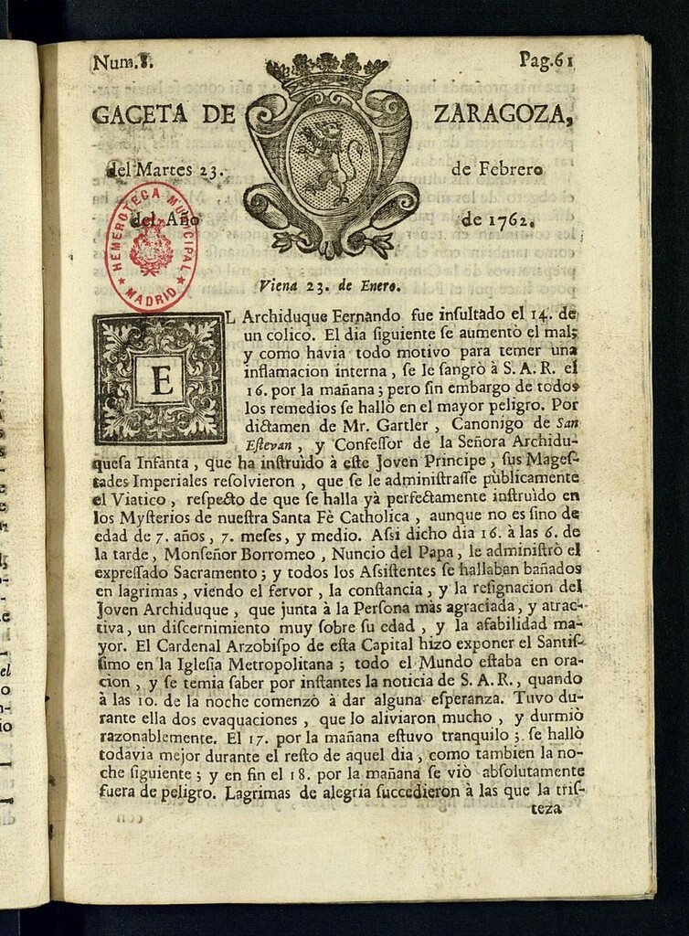 Miniatura de Gazeta de Zaragoza del 23 de febrero de 1762