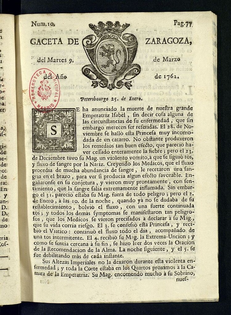 Miniatura de Gazeta de Zaragoza del 9 de marzo de 1762