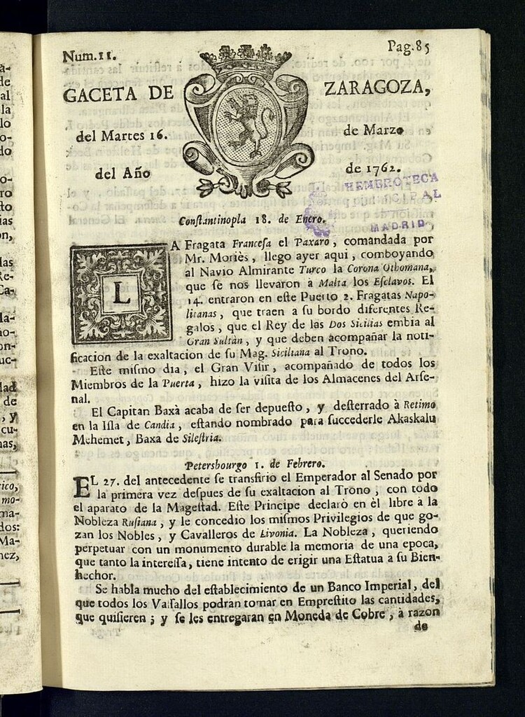 Miniatura de Gazeta de Zaragoza del 16 de marzo de 1762