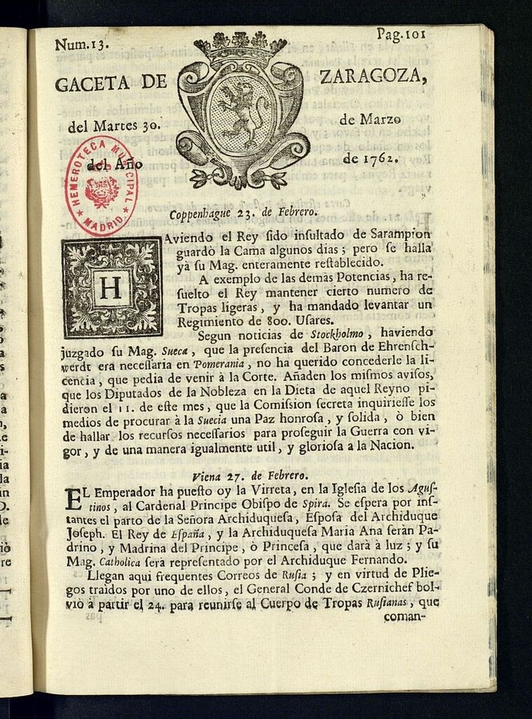 Miniatura de Gazeta de Zaragoza del 30 de marzo de 1762
