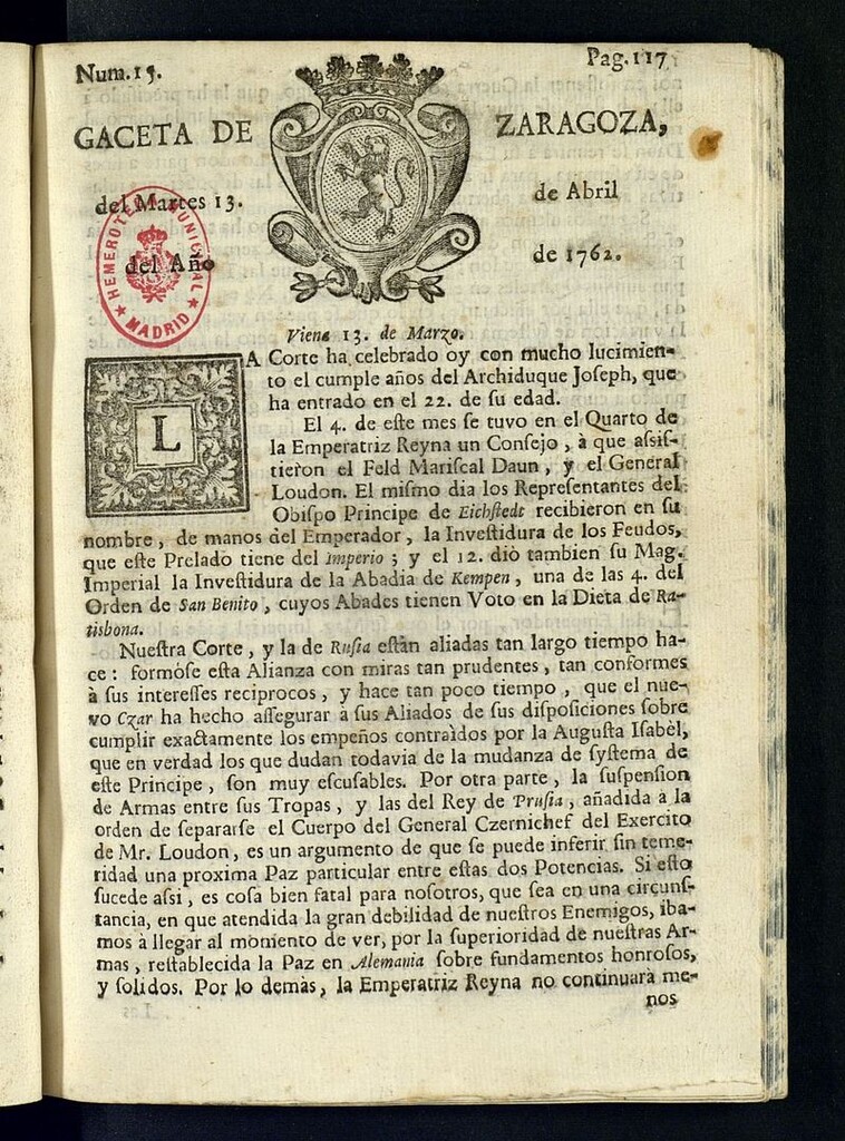 Miniatura de Gazeta de Zaragoza del 13 de abril de 1762