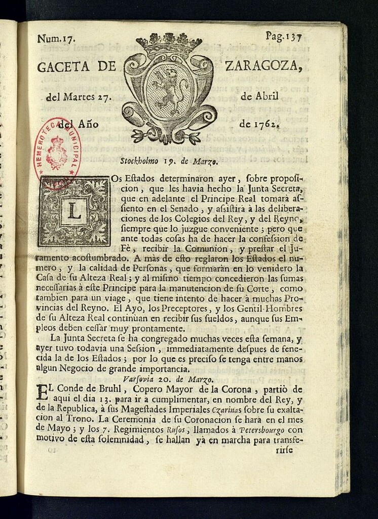 Miniatura de Gazeta de Zaragoza del 27 de abril de 1762