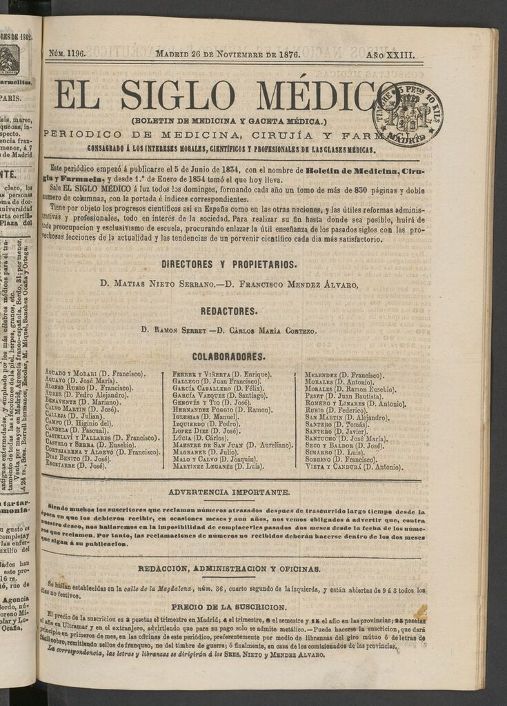 Miniatura de El Siglo Médico: boletín de medicina y gaceta médica del 26 de noviembre de 1876