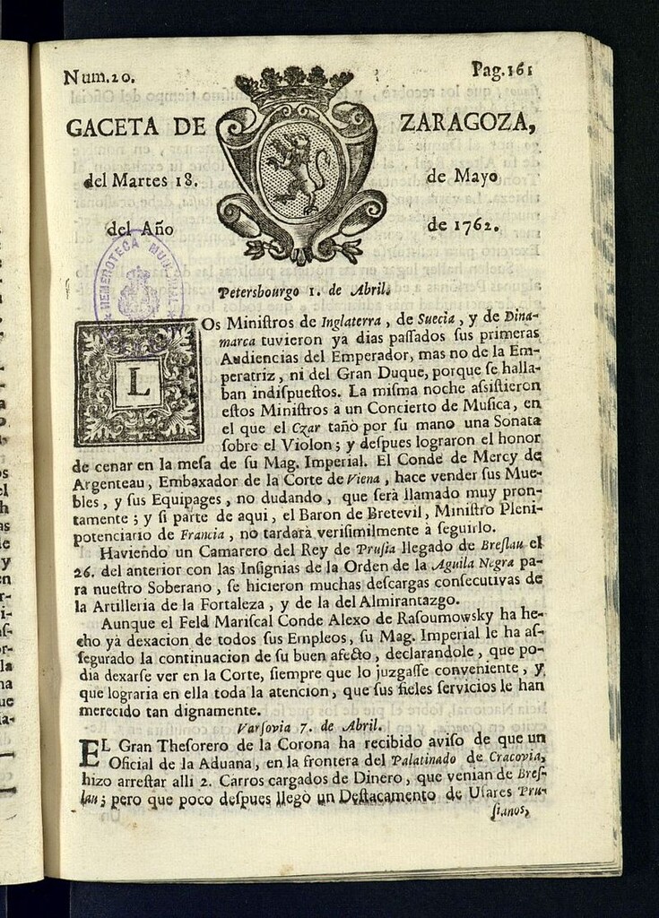 Miniatura de Gazeta de Zaragoza del 18 de mayo de 1762
