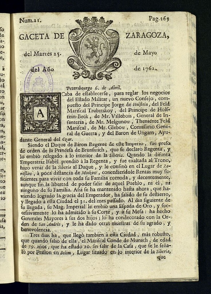 Miniatura de Gazeta de Zaragoza del 25 de mayo de 1762