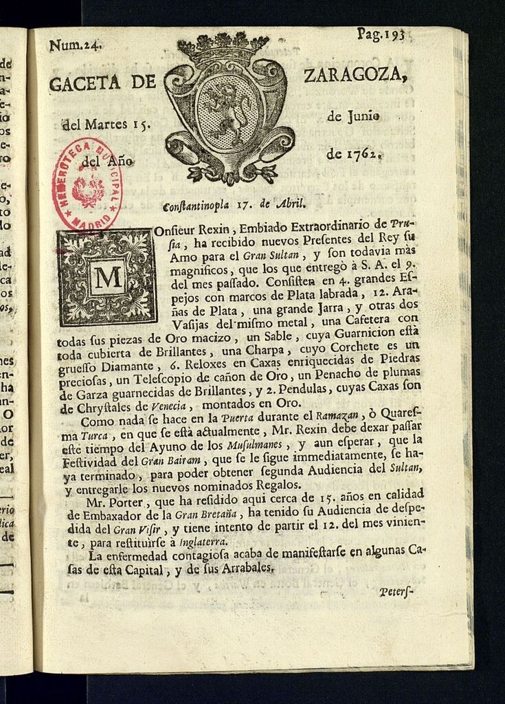 Miniatura de Gazeta de Zaragoza del 15 de junio de 1762