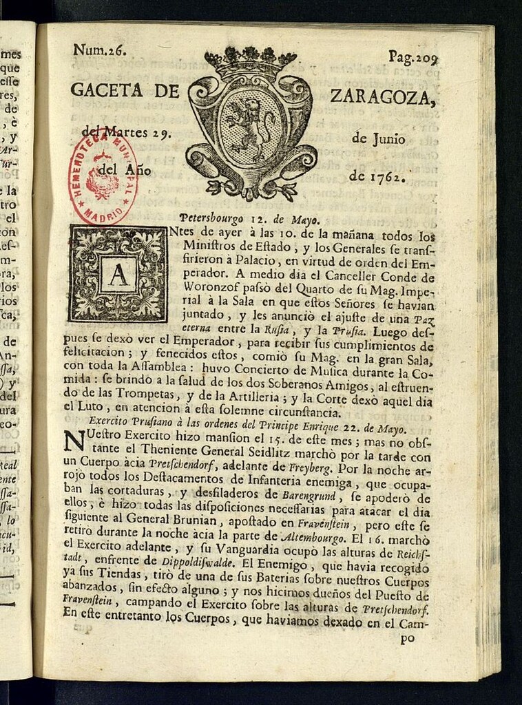 Miniatura de Gazeta de Zaragoza del 29 de junio de 1762