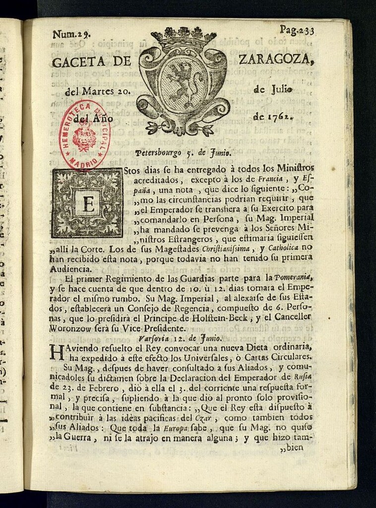 Miniatura de Gazeta de Zaragoza del 20 de julio de 1762