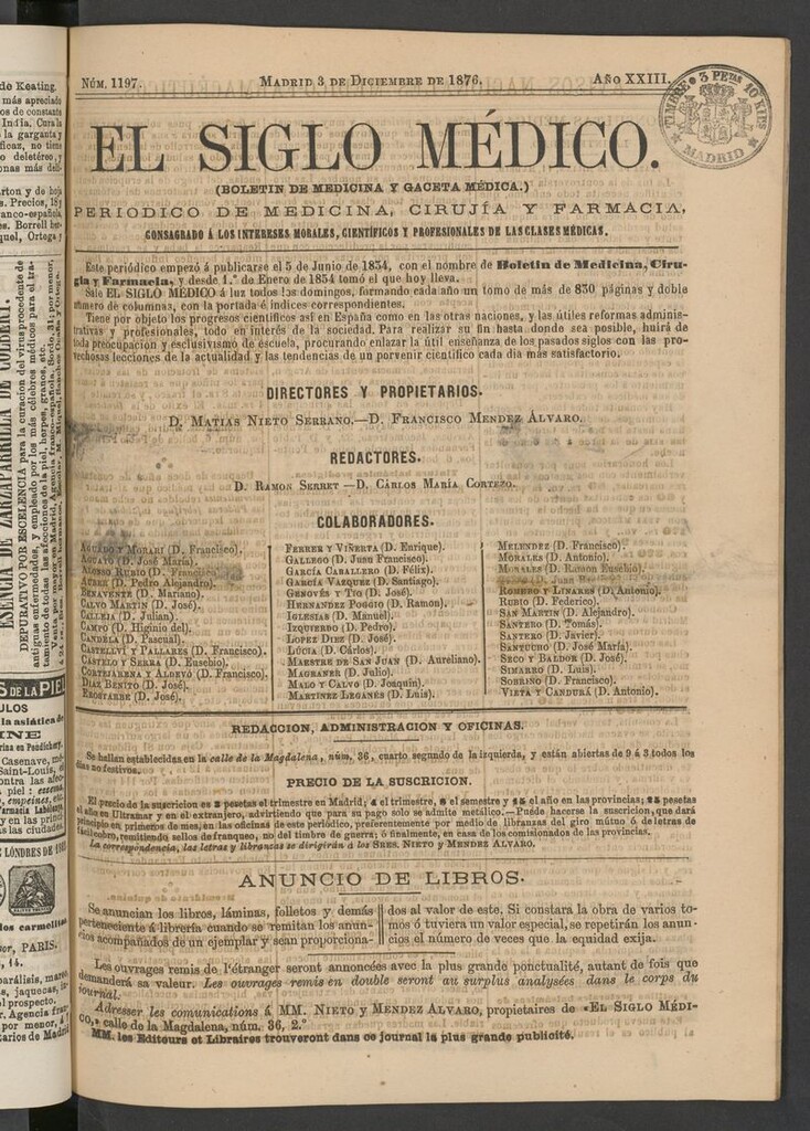 Miniatura de El Siglo Médico: boletín de medicina y gaceta médica del 3 de diciembre de 1876