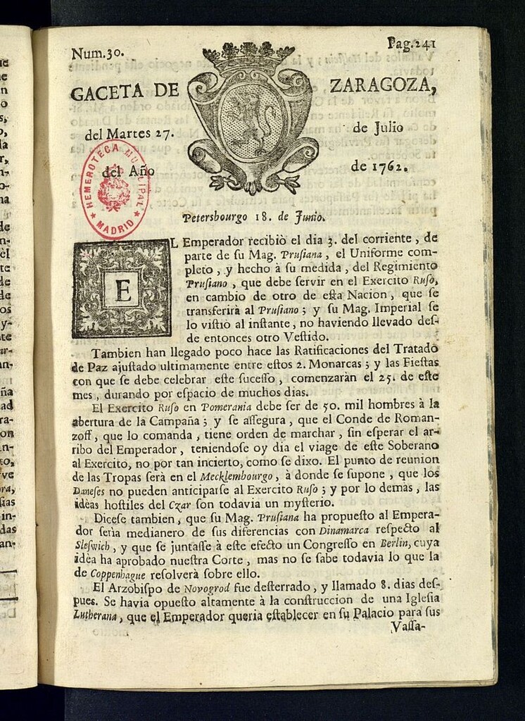 Miniatura de Gazeta de Zaragoza del 27 de julio de 1762