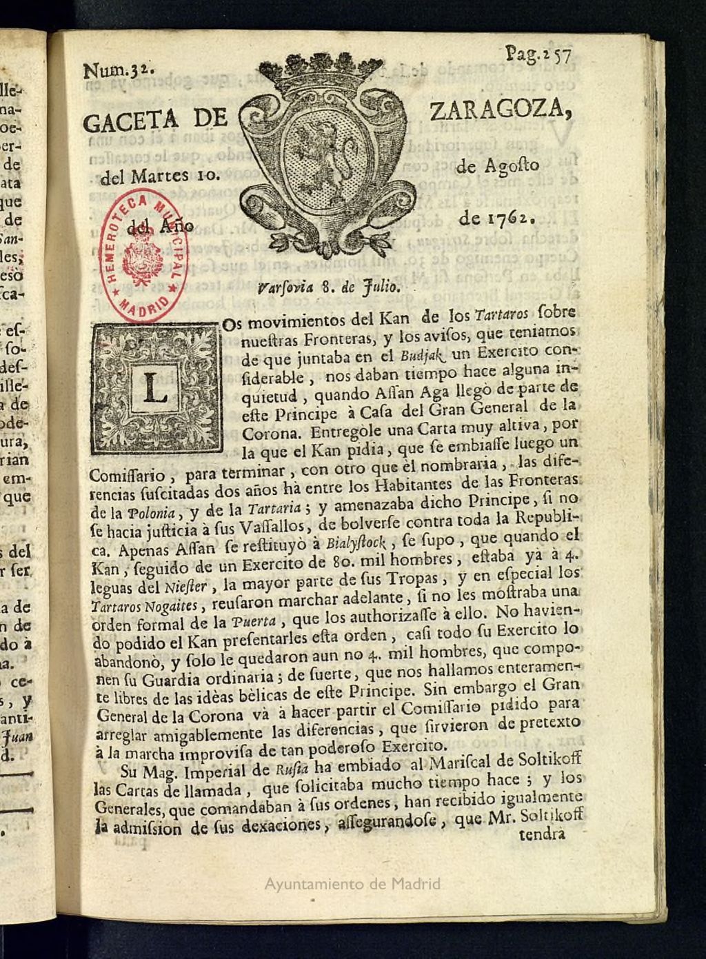 Miniatura de Gazeta de Zaragoza del 10 de agosto de 1762
