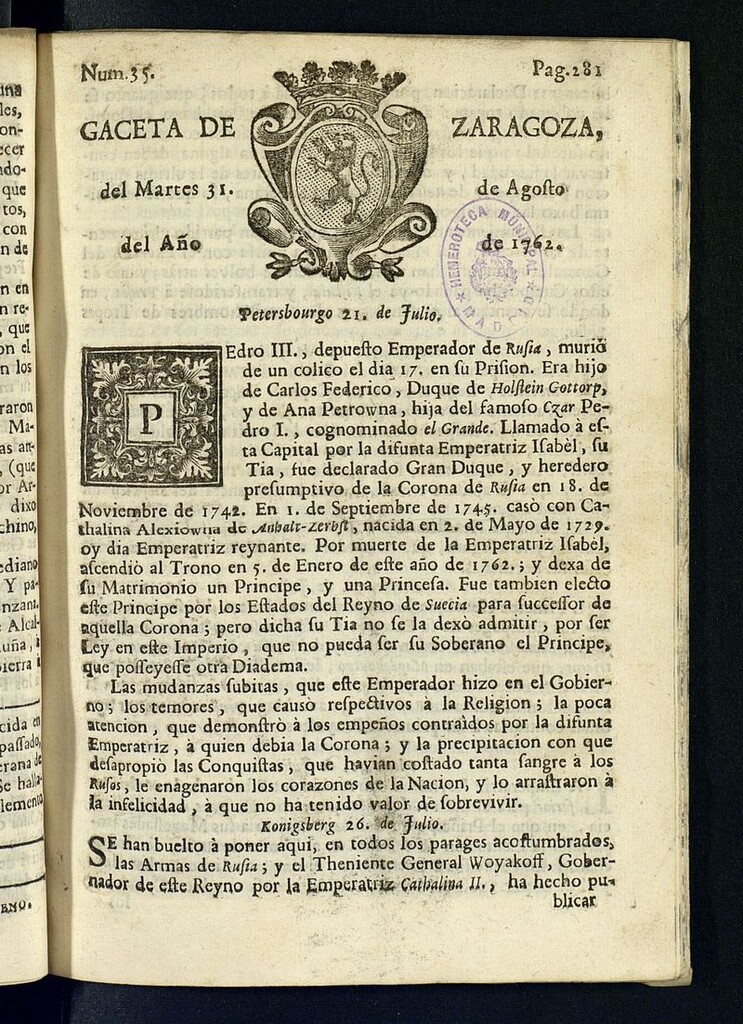Miniatura de Gazeta de Zaragoza del 31 de agosto de 1762