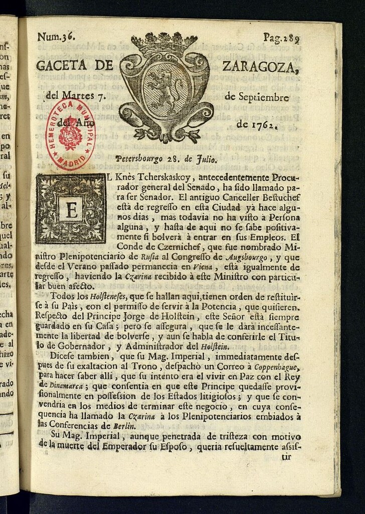 Miniatura de Gazeta de Zaragoza del 7 de septiembre de 1762
