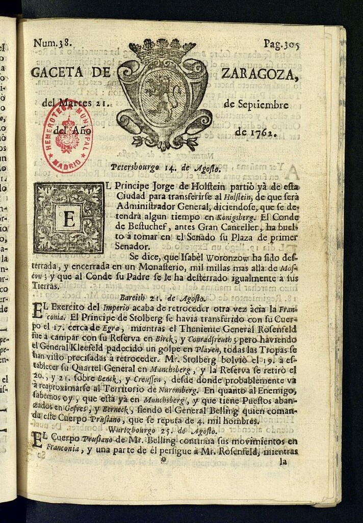 Miniatura de Gazeta de Zaragoza del 21 de septiembre de 1762