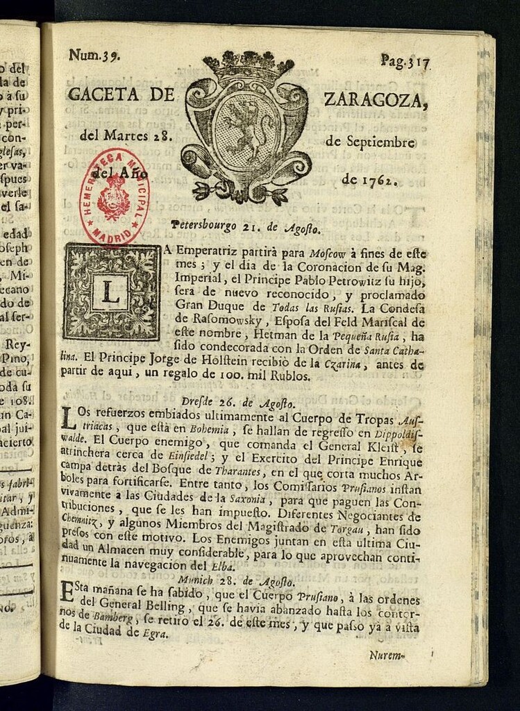 Miniatura de Gazeta de Zaragoza del 28 de septiembre de 1762