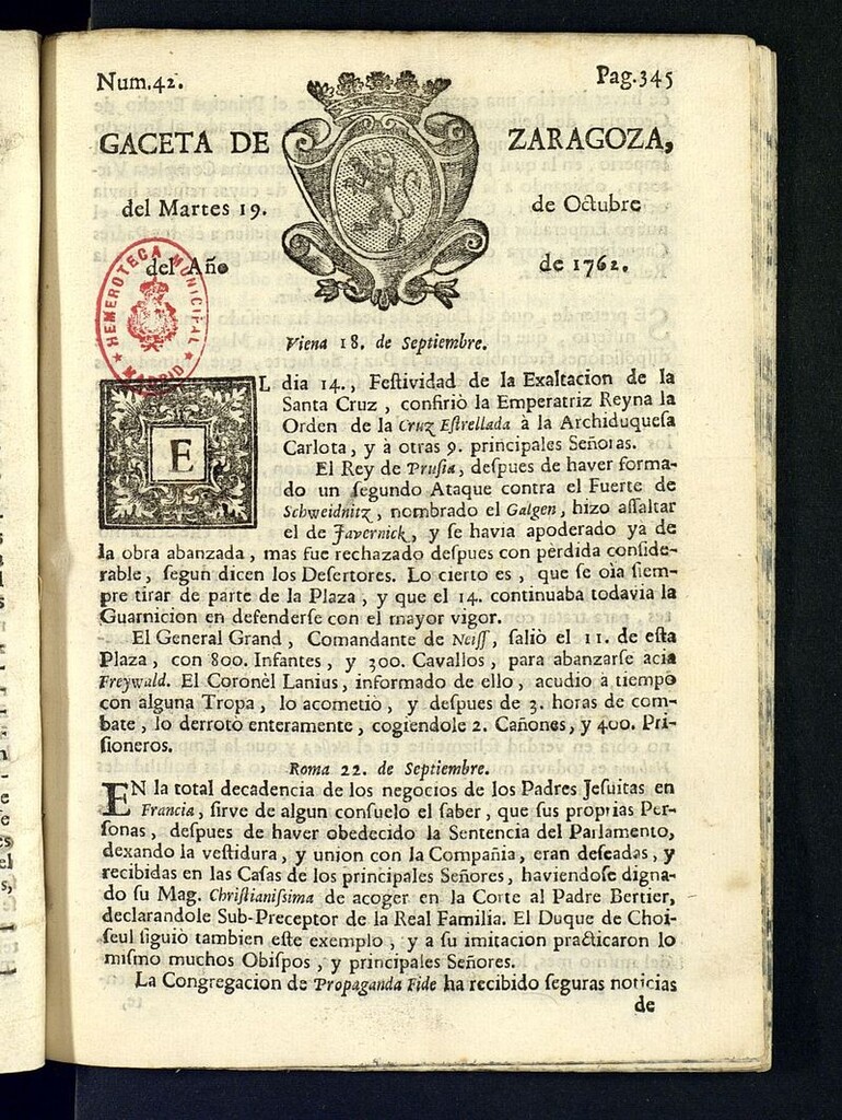 Miniatura de Gazeta de Zaragoza del 19 de octubre de 1762
