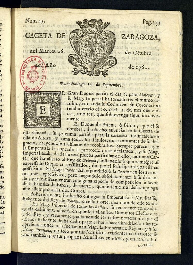 Miniatura de Gazeta de Zaragoza del 26 de octubre de 1762
