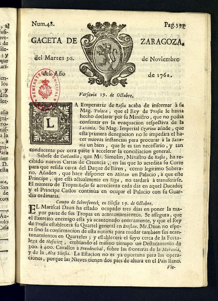 Miniatura de Gazeta de Zaragoza del 30 de noviembre de 1762