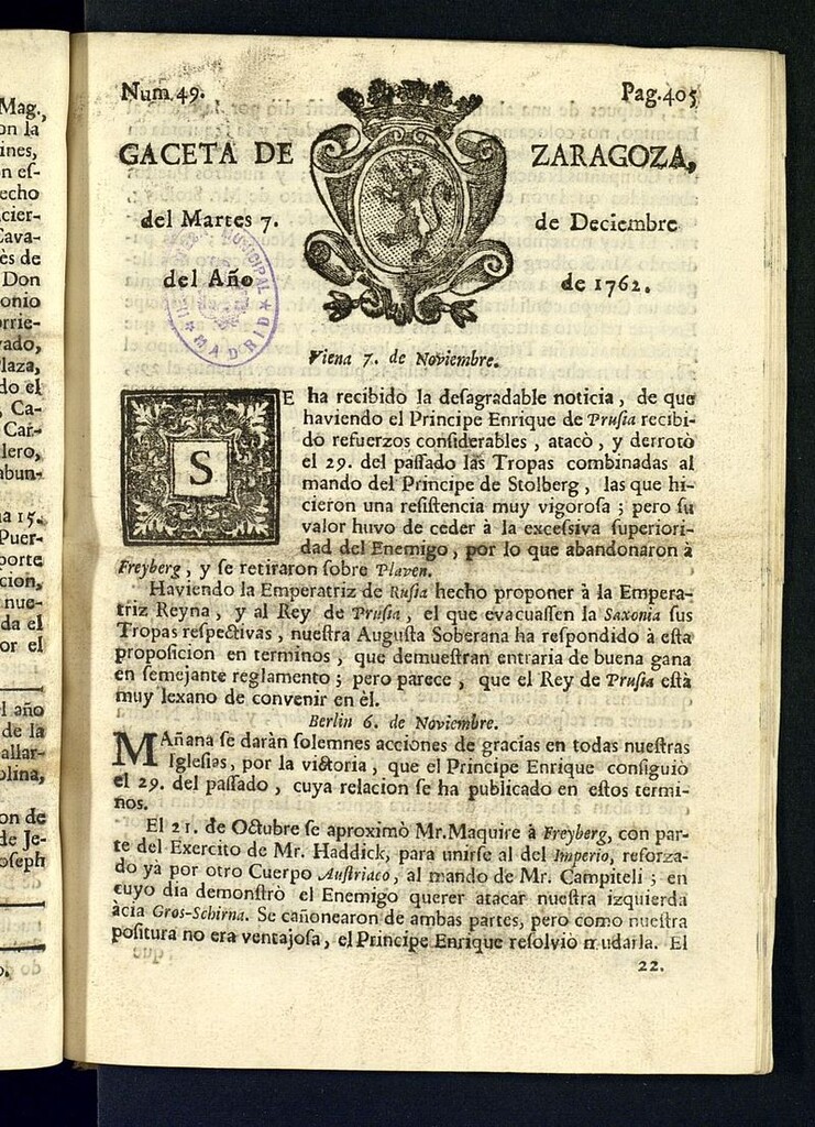 Miniatura de Gazeta de Zaragoza del 7 de diciembre de 1762