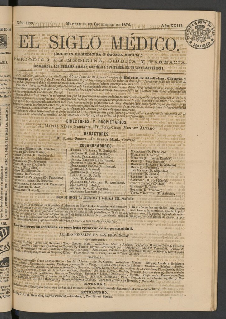 Miniatura de El Siglo Médico: boletín de medicina y gaceta médica del 17 de diciembre de 1876