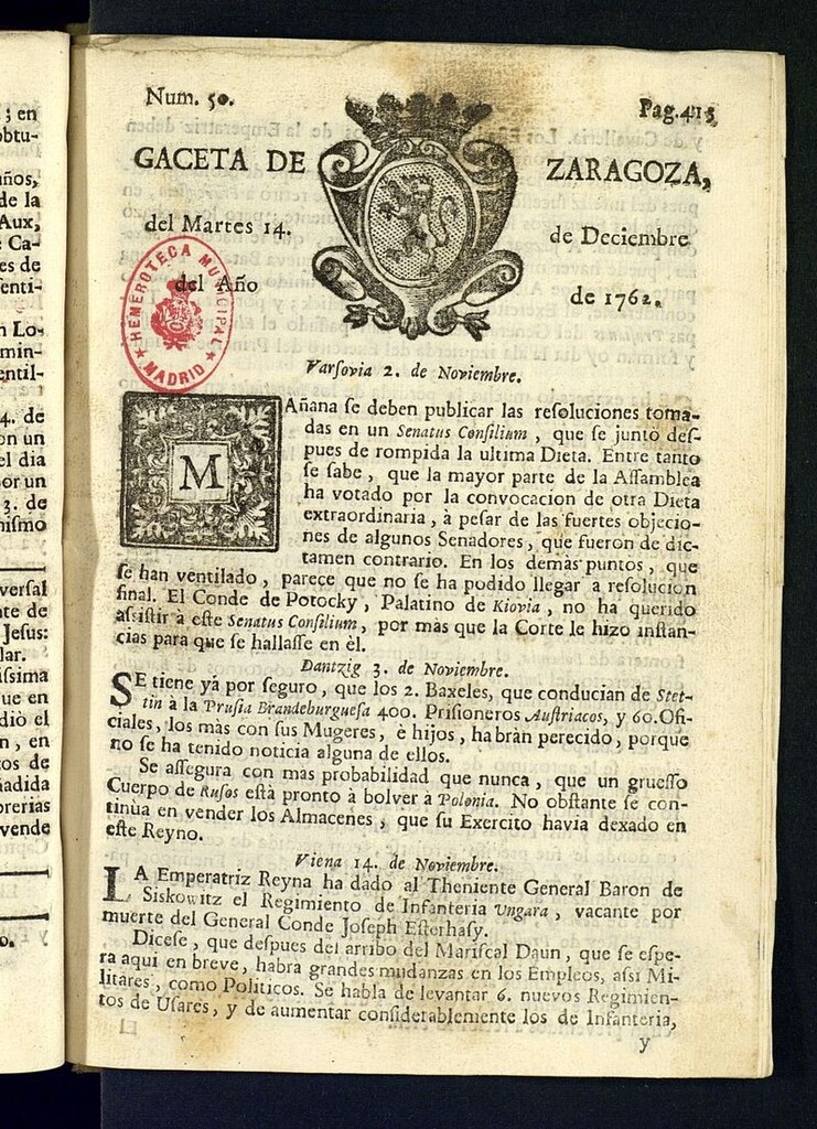 Miniatura de Gazeta de Zaragoza del 14 de diciembre de 1762