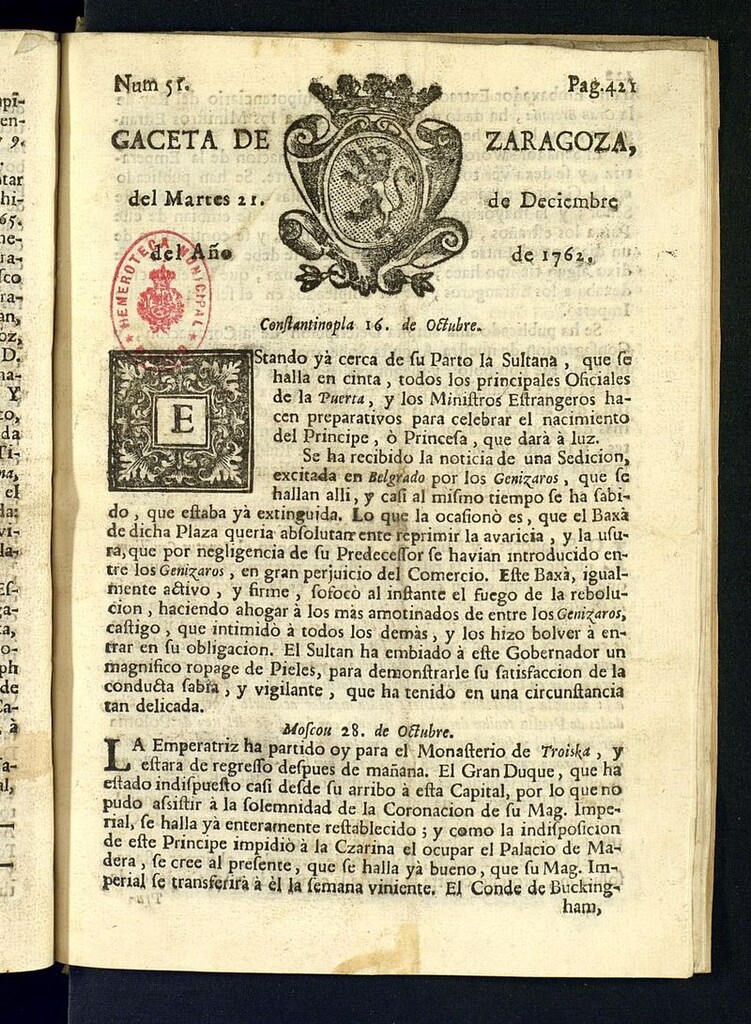 Miniatura de Gazeta de Zaragoza del 21 de diciembre de 1762