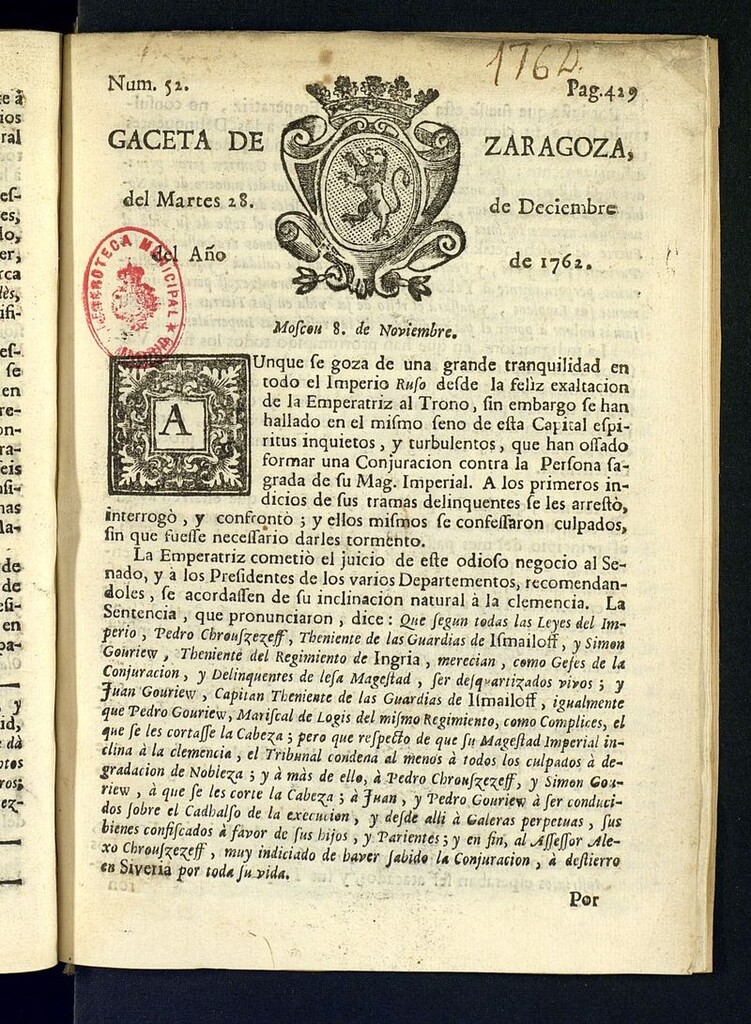 Miniatura de Gazeta de Zaragoza del 28 de diciembre de 1762