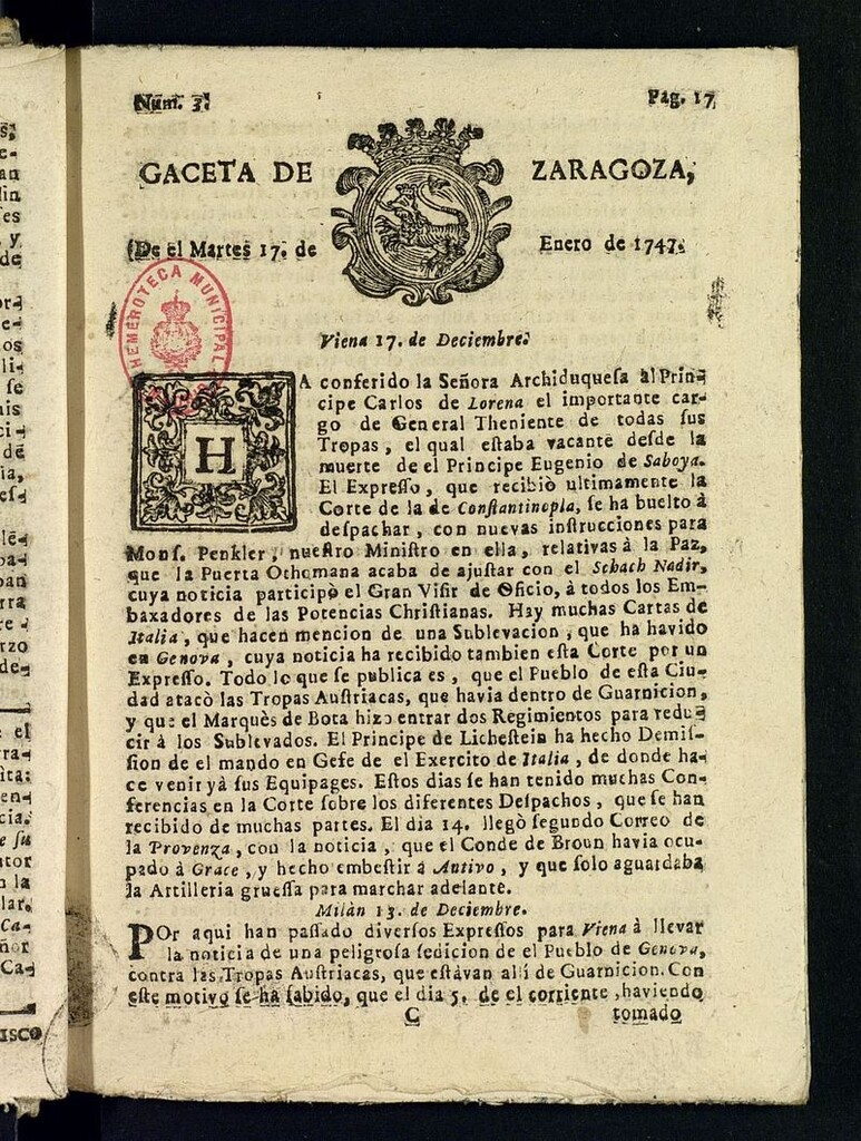 Miniatura de Gazeta de Zaragoza del 17 de enero de 1747