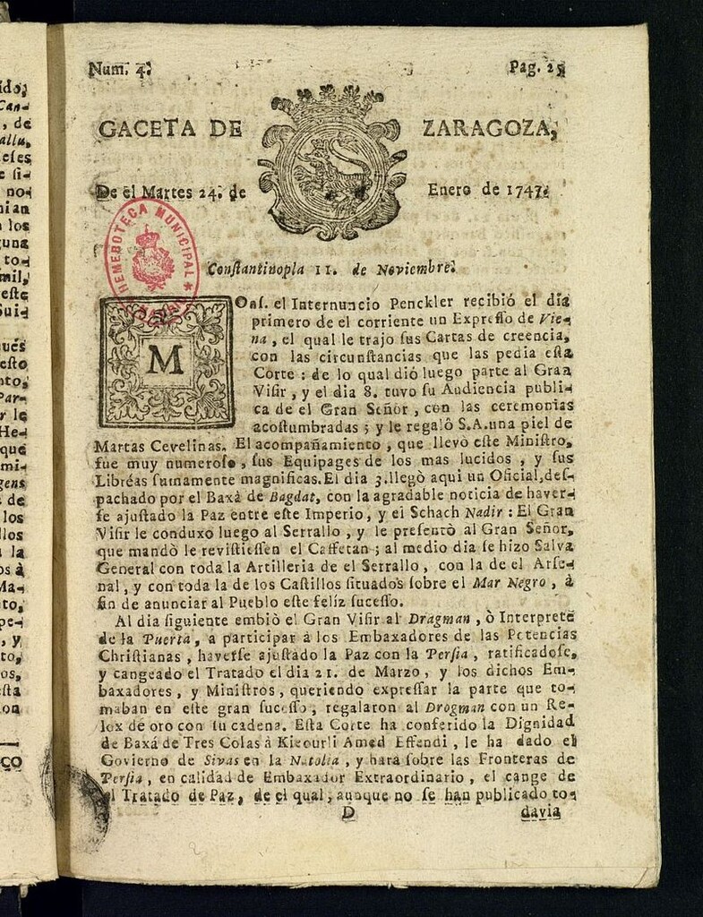 Miniatura de Gazeta de Zaragoza del 24 de enero de 1747