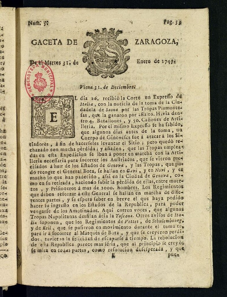 Miniatura de Gazeta de Zaragoza del 31 de enero de 1747