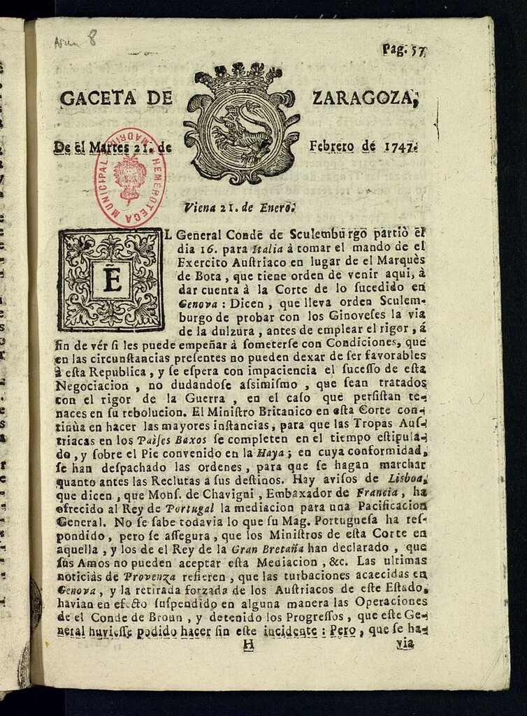 Miniatura de Gazeta de Zaragoza del 21 de febrero de 1747
