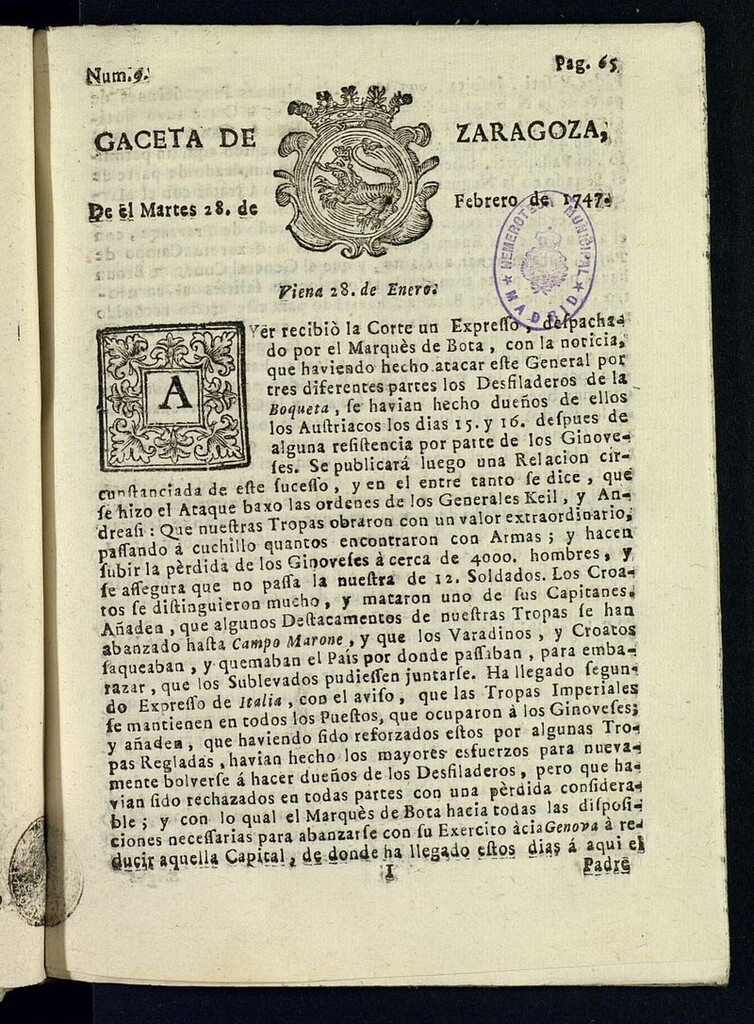 Miniatura de Gazeta de Zaragoza del 28 de febrero de 1747