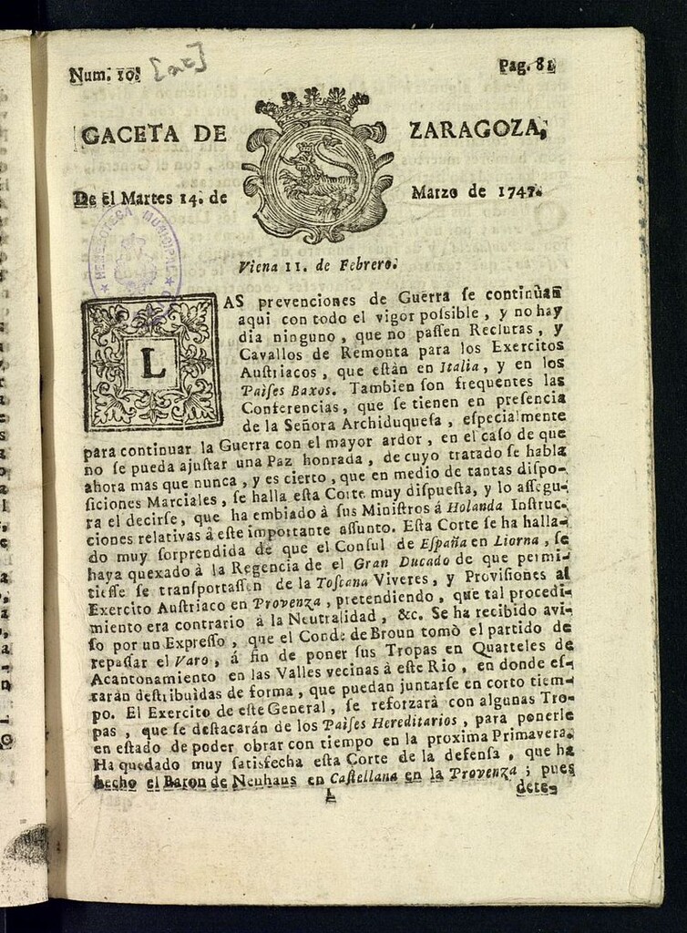 Miniatura de Gazeta de Zaragoza del 14 de marzo de 1747
