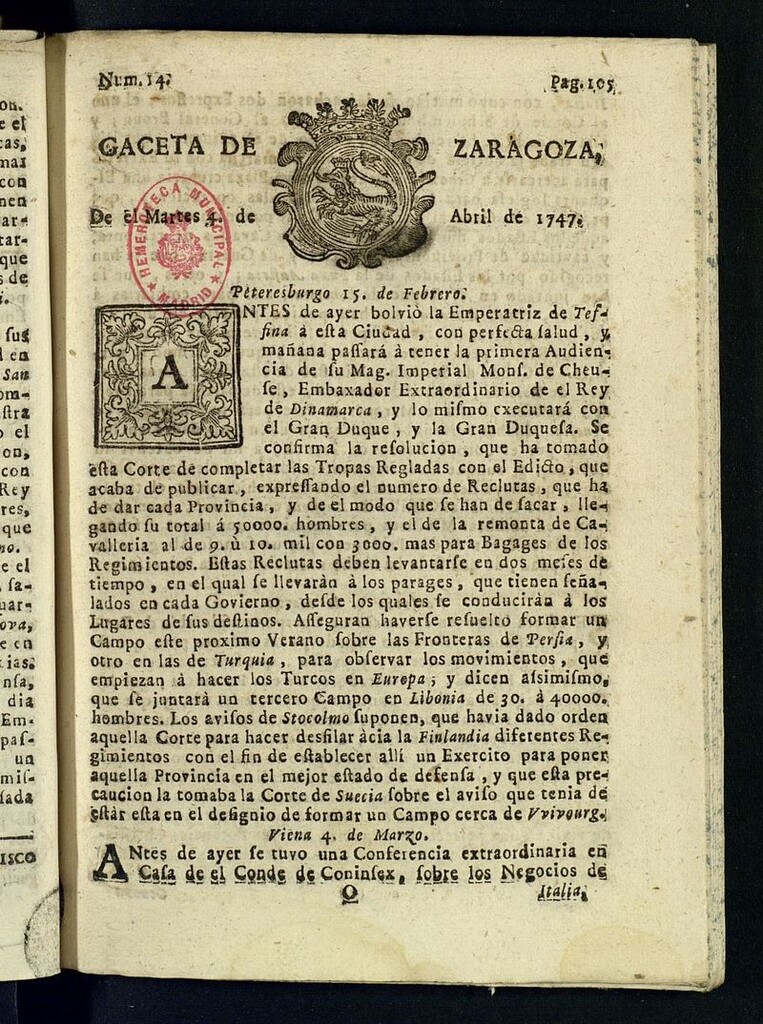 Miniatura de Gazeta de Zaragoza del 4 de abril de 1747