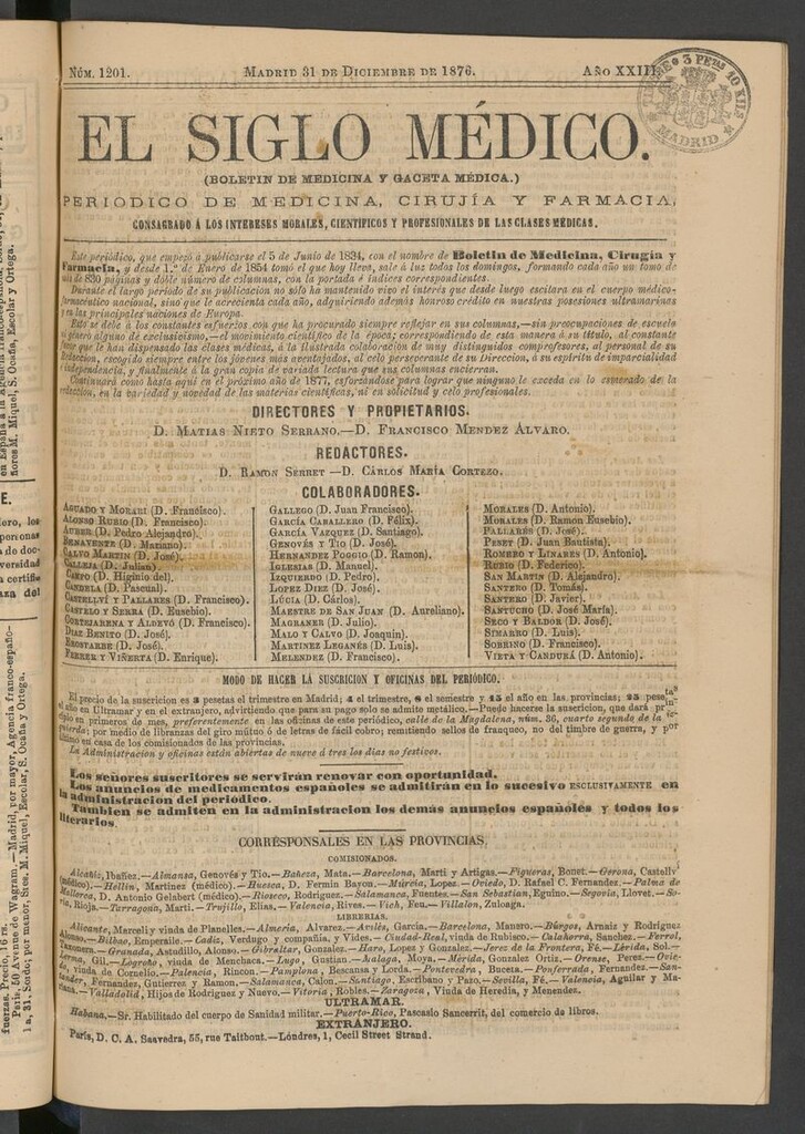 Miniatura de El Siglo Médico: boletín de medicina y gaceta médica del 31 de diciembre de 1876