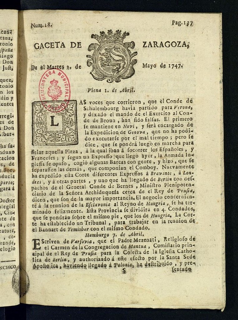 Miniatura de Gazeta de Zaragoza del 2 de mayo de 1747