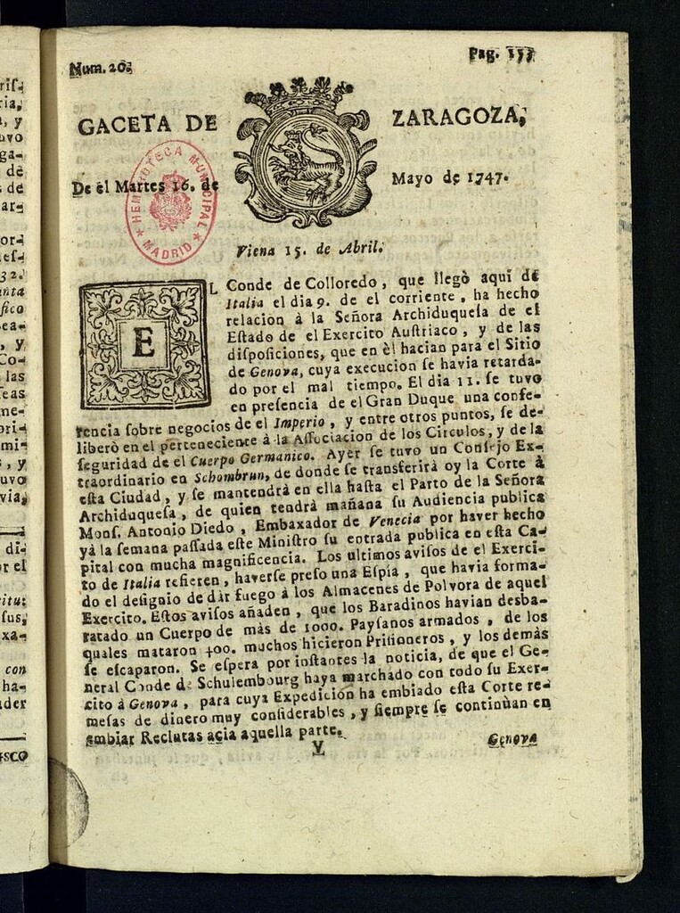 Miniatura de Gazeta de Zaragoza del 16 de mayo de 1747