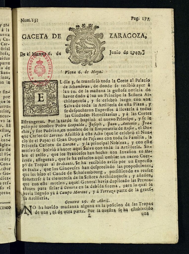 Miniatura de Gazeta de Zaragoza del 6 de junio de 1747