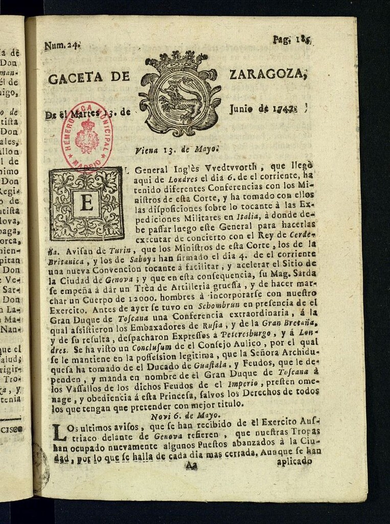 Miniatura de Gazeta de Zaragoza del 13 de junio de 1747