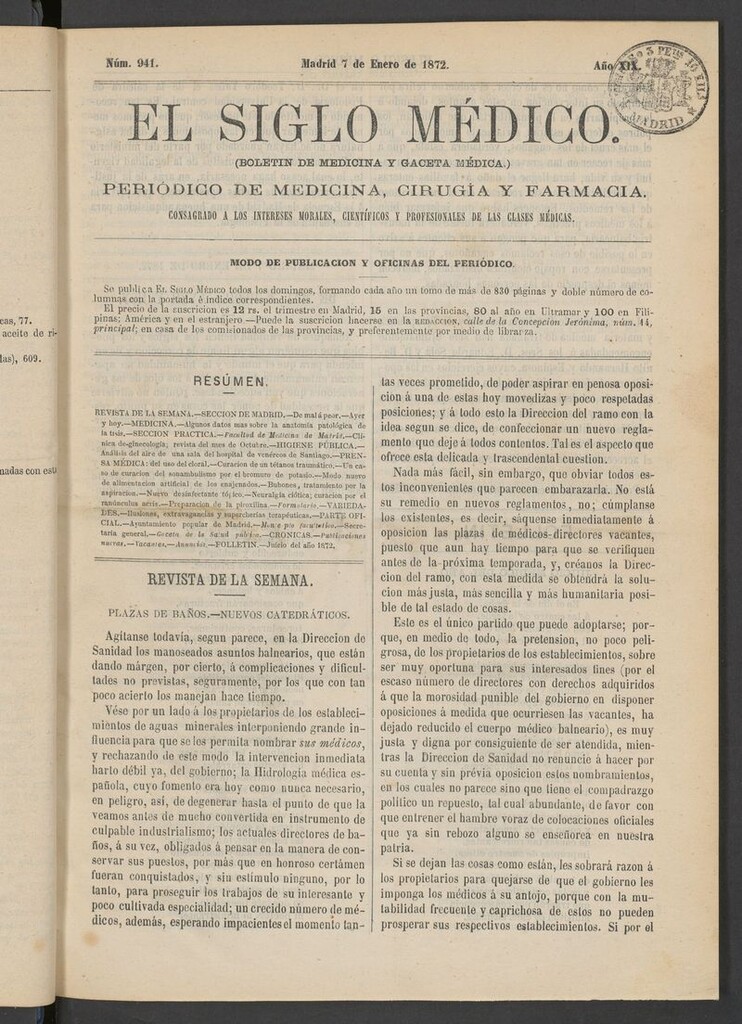 Miniatura de El Siglo Médico: boletín de medicina y gaceta médica del 7 de enero de 1872