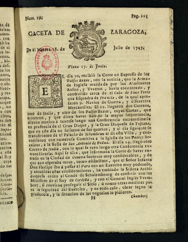 Miniatura de Gazeta de Zaragoza del 18 de julio de 1747