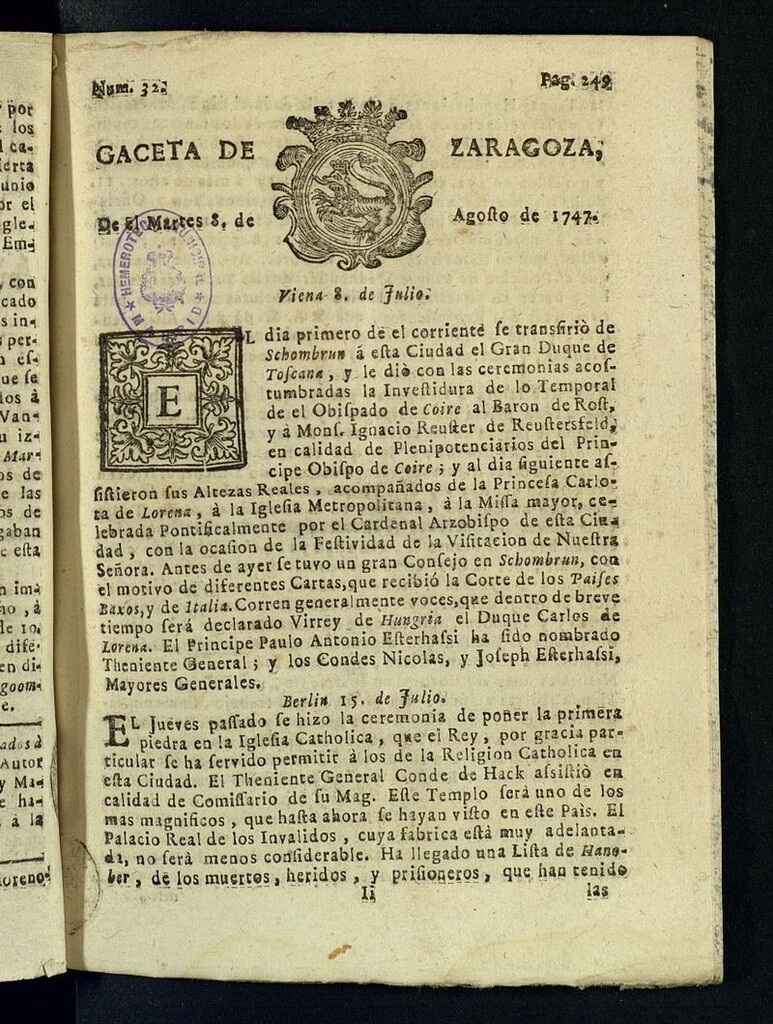 Miniatura de Gazeta de Zaragoza del 8 de agosto de 1747
