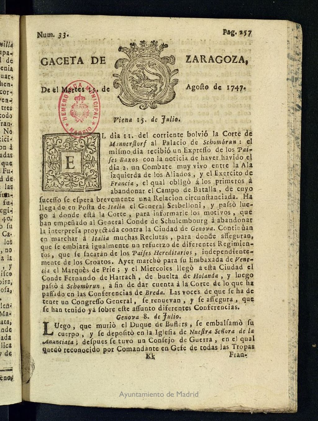 Miniatura de Gazeta de Zaragoza del 15 de agosto de 1747