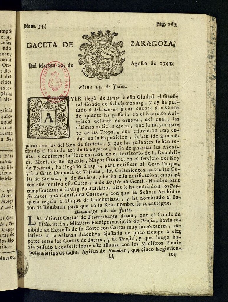 Miniatura de Gazeta de Zaragoza del 22 de agosto de 1747