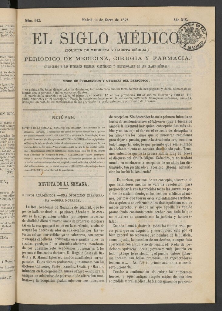Miniatura de El Siglo Médico: boletín de medicina y gaceta médica del 14 de enero de 1872
