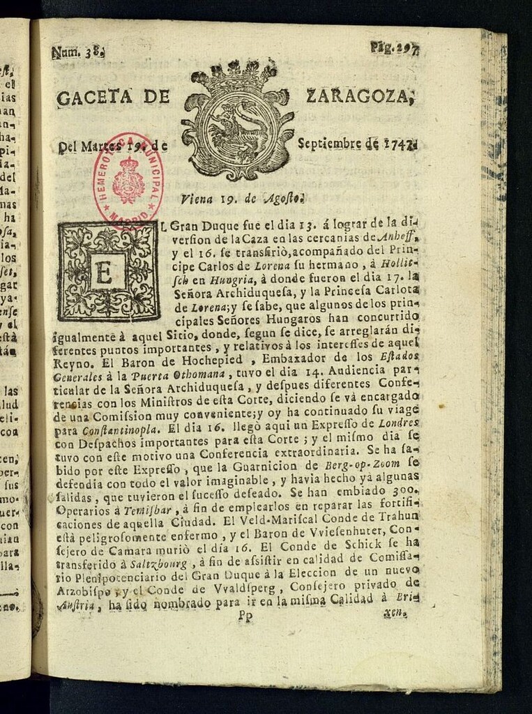 Miniatura de Gazeta de Zaragoza del 19 de septiembre de 1747