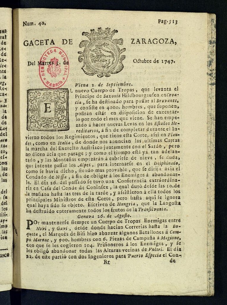 Miniatura de Gazeta de Zaragoza del 3 de octubre de 1747