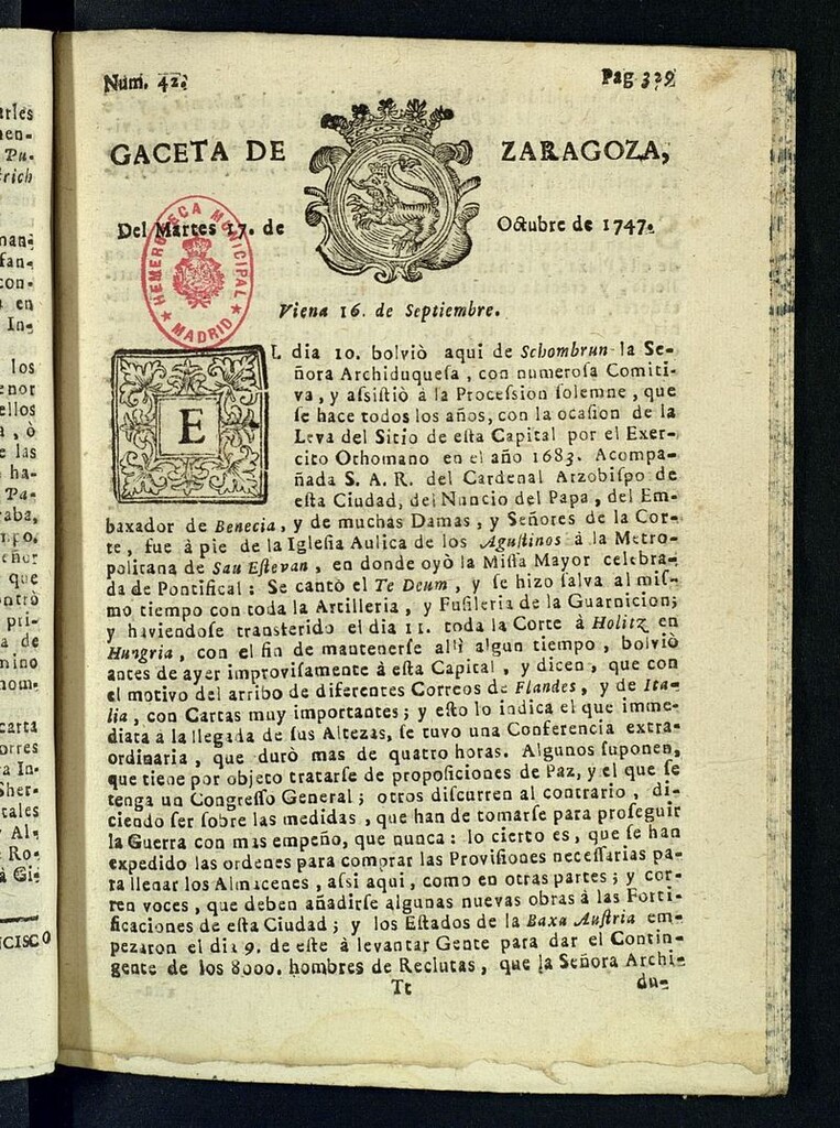 Miniatura de Gazeta de Zaragoza del 17 de octubre de 1747